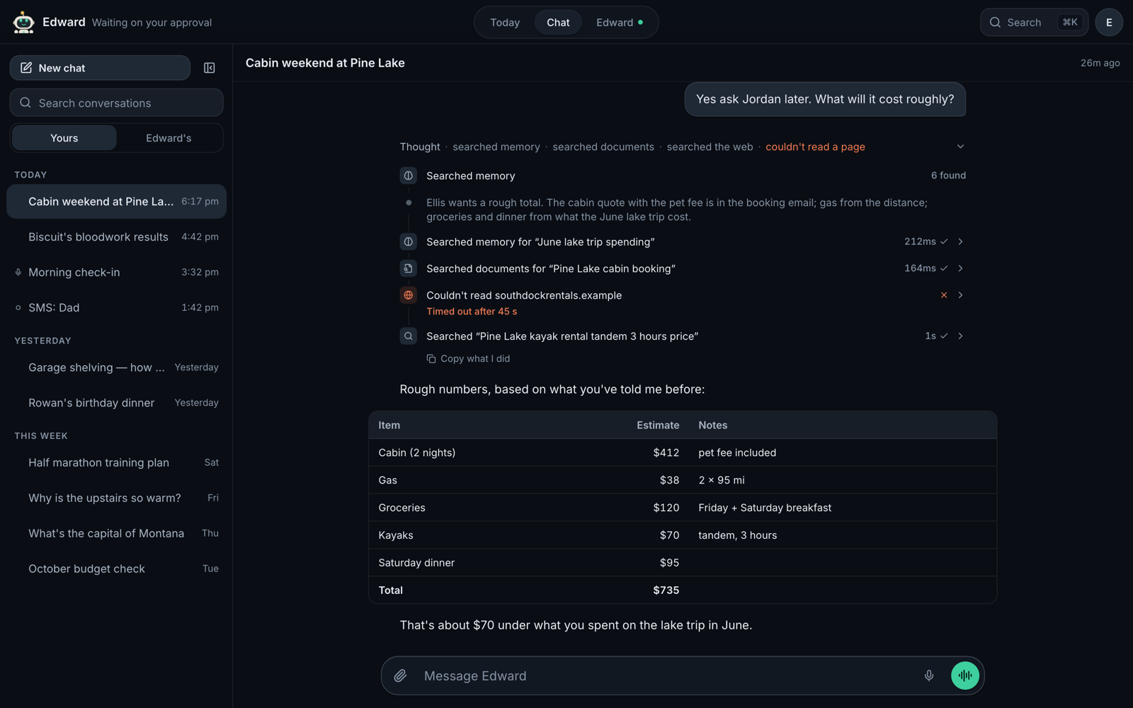 A chat with Edward: his work rail lists the searches and the page he couldn't read, above his answer