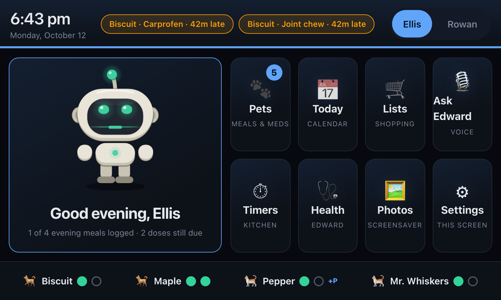 The household hub: the time, two late doses, Edward's greeting and tiles for pets, calendar, lists and voice